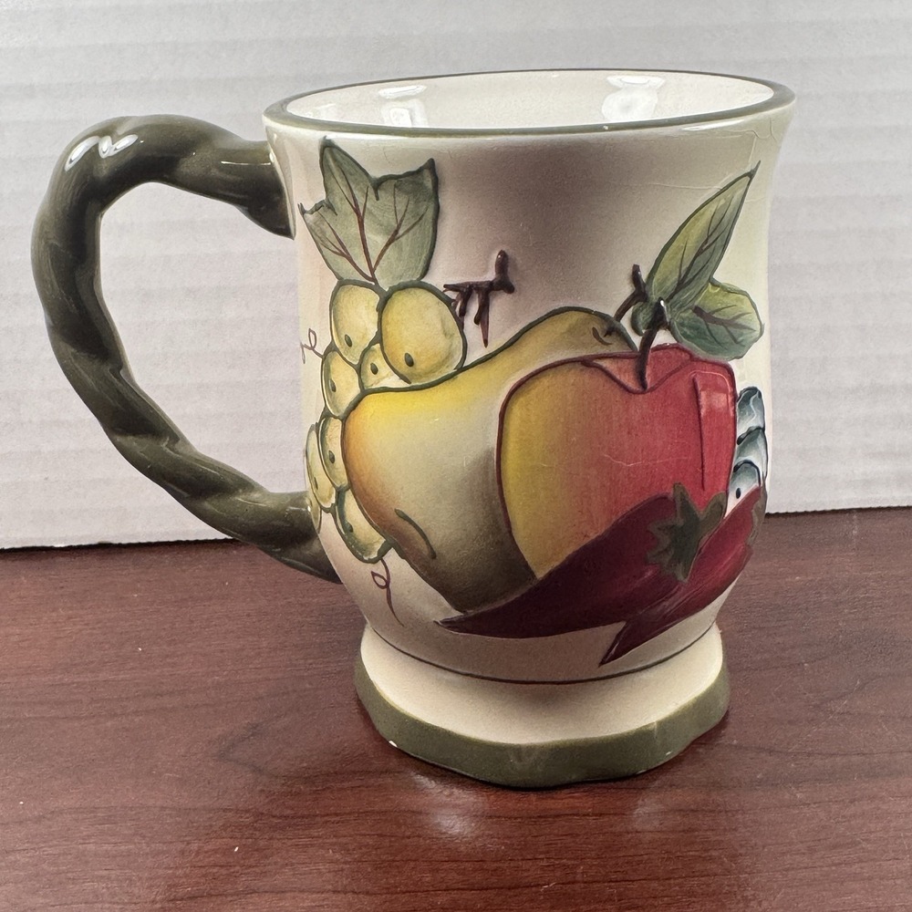 Pacific Rim Harvest Fruit Pattern Pottery Mug Leaf Vine Handle Vintage Beige